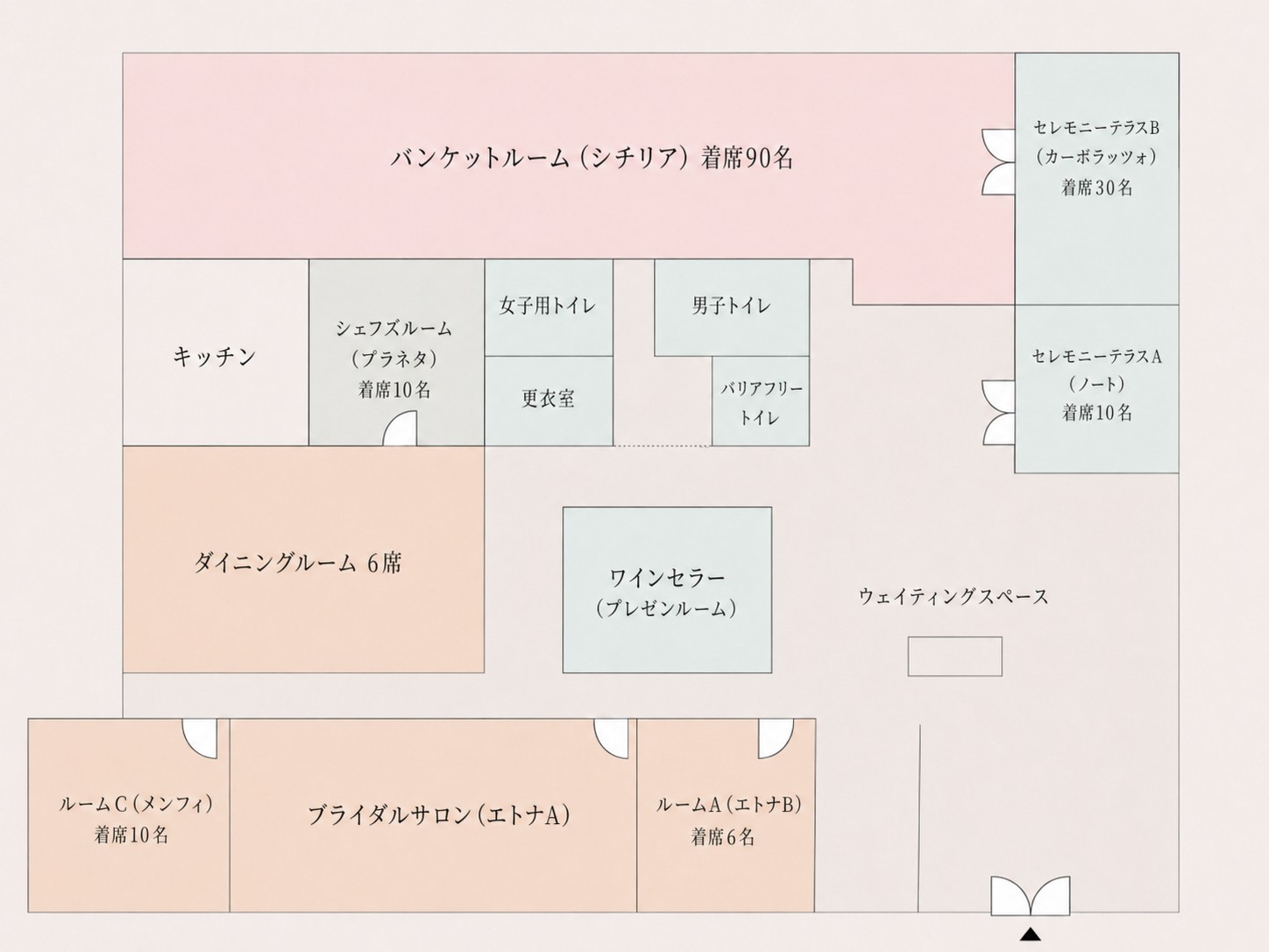 アンジェロコート東京 宇都宮 5階フロアマップ。バンケットルーム（シチリア）着席90名を中心に、セレモニーテラスA・B、ダイニングルーム、シェフズルーム、ワインセラー、ブライダルサロン、更衣室、バリアフリートイレを配置